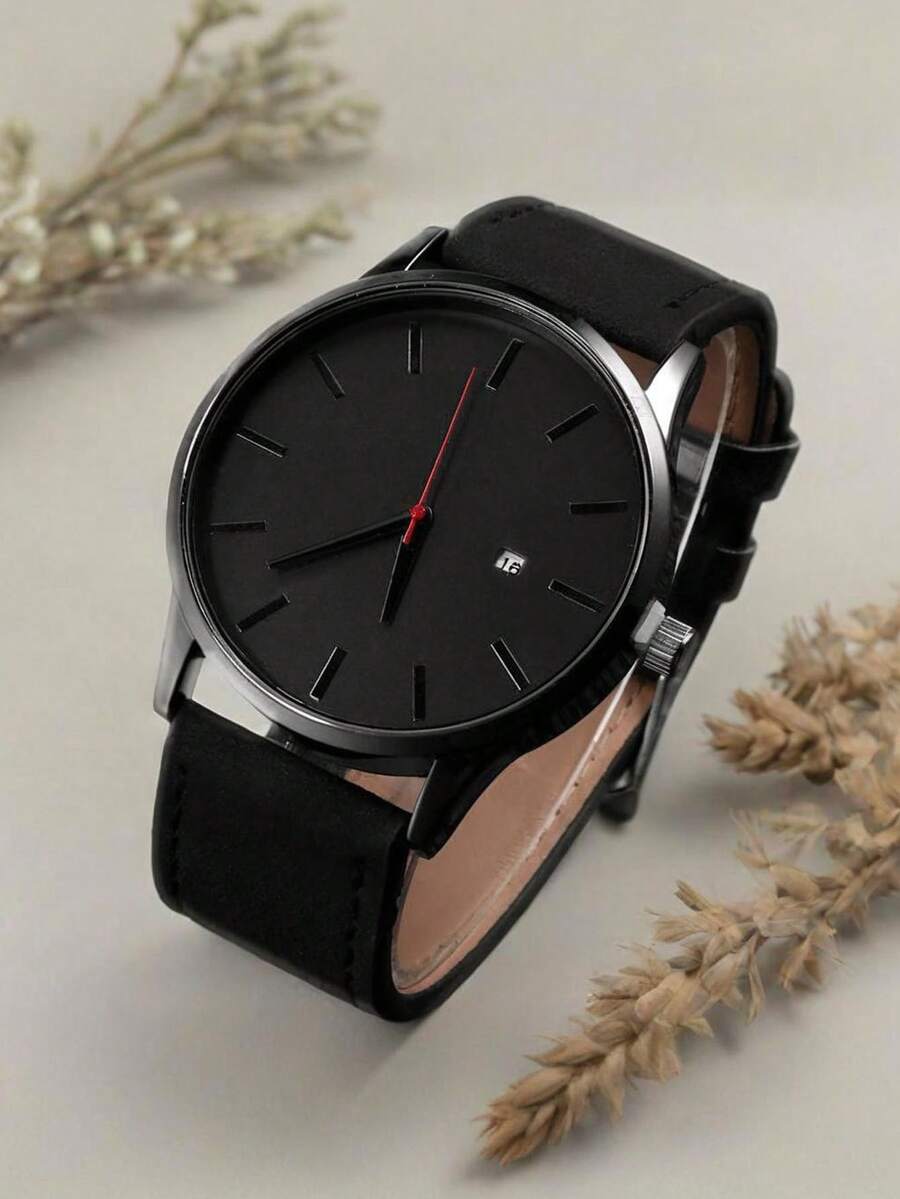 男士休闲腕表，大表盘，欧美风格，带日历功能，时尚商务，哑光皮表带，石英机芯 - 黑色 - 查看 1