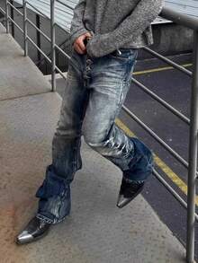 Retro Vintage Ripple Washed Men's Flared Jeans, Stacked Stretch Bootcut Fit - 深色水洗藍 - 查看 2