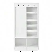 Modern And Minimalist Wardrobes And Closets, Combining A Shoe Cabinet And A Wardrobe, A Multifunctional Storage System With Hooks - White - View 7
