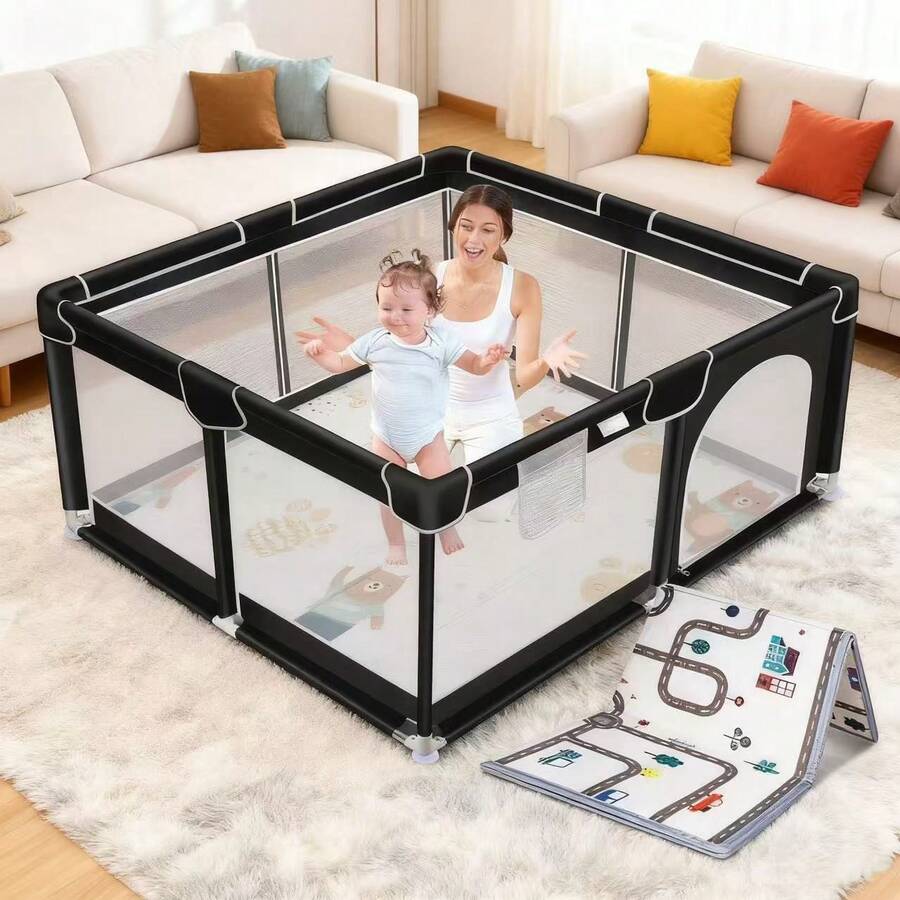 Baby Playpen With Mat,Baby Gate,Suitable For Family Use,Perfect For Nursery, Living Room And Outdoor Play,Baby Entertainment Play Center,Newborn Gift - 黑色 - 查看 1