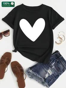 Camiseta de algodón puro de gran peso con patrón de letras en forma de corazón grande para el hogar, ocio, moda, versátil, para ir al trabajo, deportes, versátil y cómoda - Negro - Ver 3