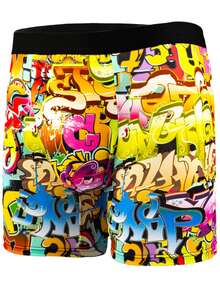 5pcs Men's Digital Print Fashionable Pattern Long Boxer Briefs, Graffiti Style Breathable Comfortable High Elasticity Long Boxer Swim Trunks, Sports Shorts, Novelty Men's Underwear, Cycling Shorts - Multicolor - View 2