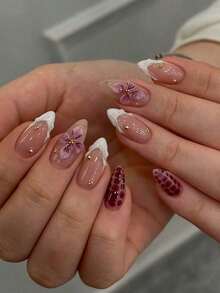 24pcs/Set Elegant Gradient Pink & White Almond-Shaped Nail Stickers With 3D Floral & Pearl Decor, Includes Gel Polish And Nail File, Suitable Girls/Women Daily, Party, Autumn Nails - 多色 2 - 查看 1