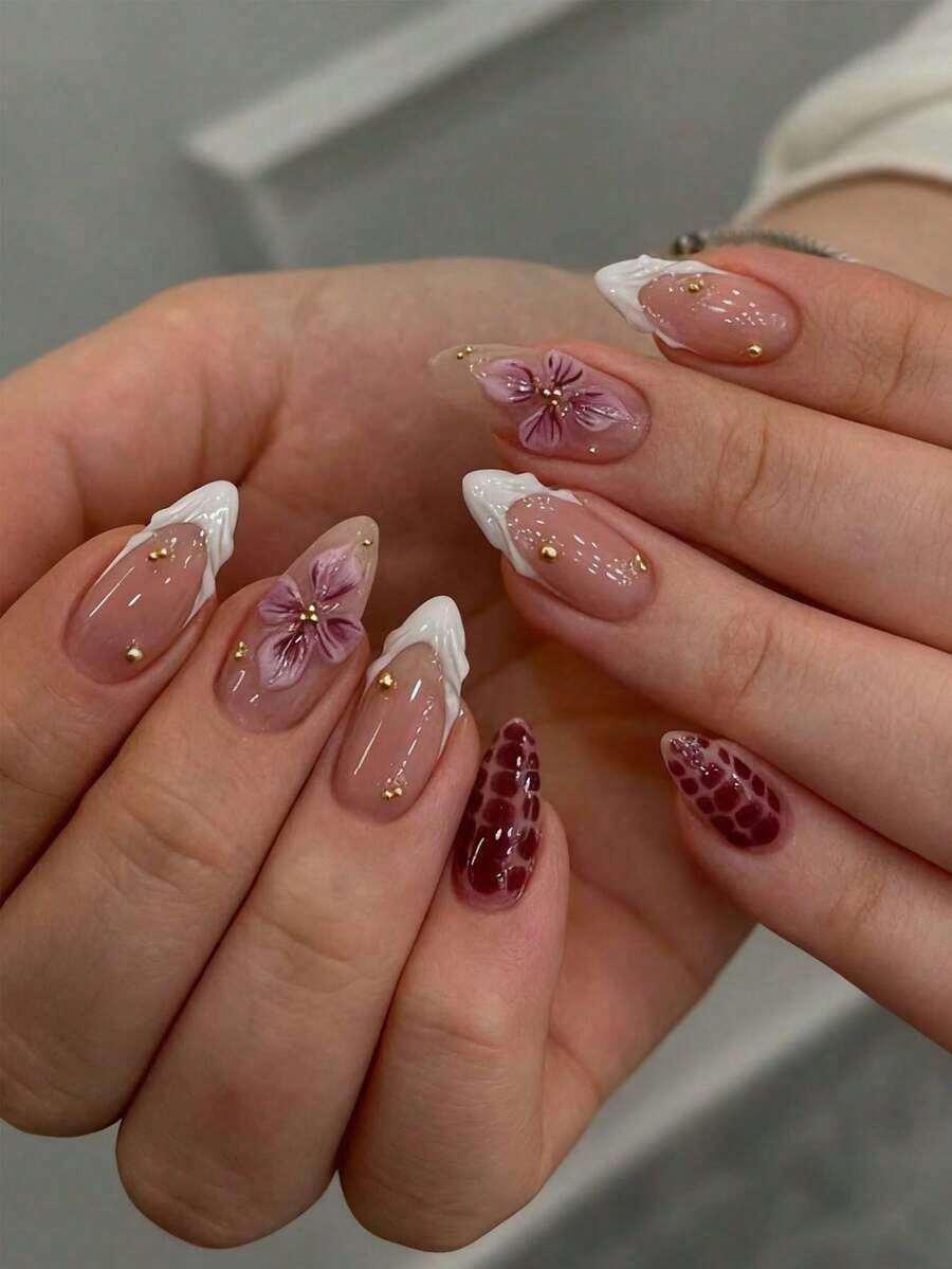 24pcs/Set Elegant Gradient Pink & White Almond-Shaped Nail Stickers With 3D Floral & Pearl Decor, Includes Gel Polish And Nail File, Suitable Girls/Women Daily, Party, Autumn Nails - 多色 2 - 查看 1