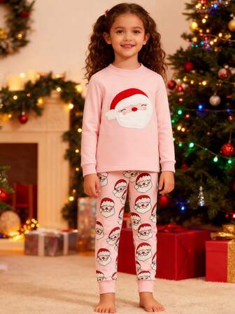 Snug Fit Christmas Young Girl Long Sleeve & Pants Set, Cartoon Sloth Print Pattern, Fashionable Party & Loungewear, Autumn/Winter