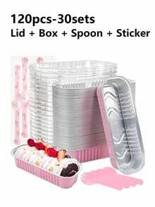 100 piezas/Set Mini molde para tostadas con tapa y cuchara, 100 piezas, rosa, 200 ml, bandeja de hornear rectangular de aluminio - rectángulo - Ver 8