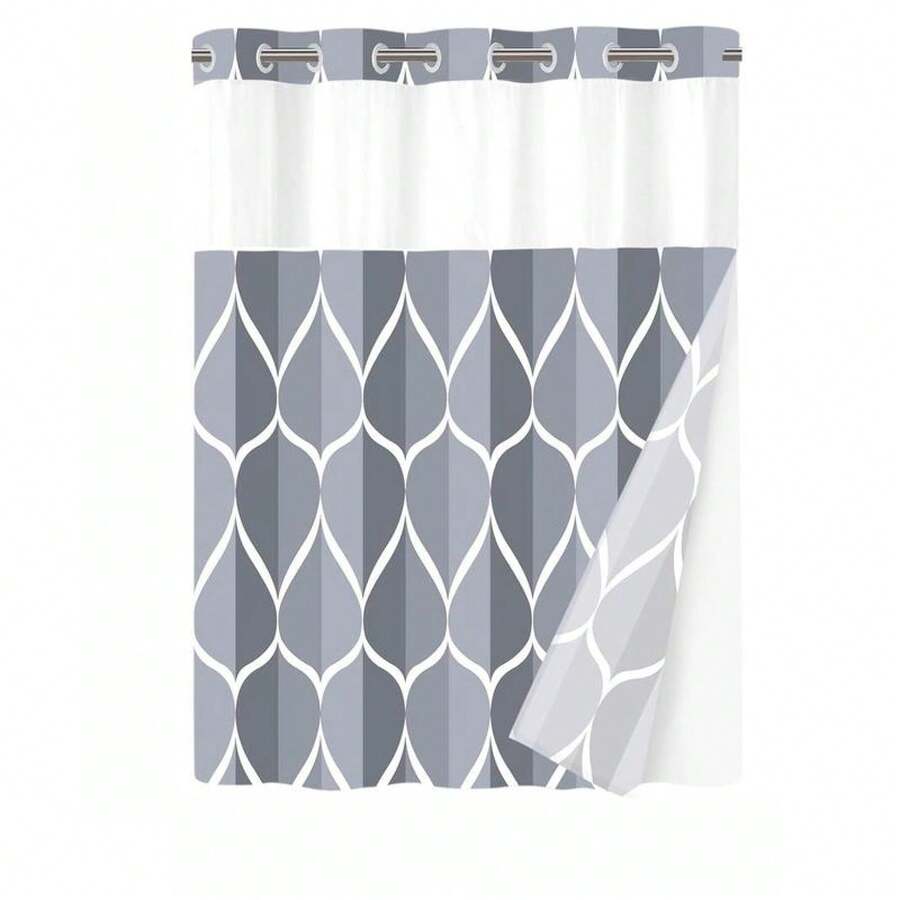 Geometric Wavy Shower Curtain Without Hooks, Double-Layer Shower Curtain With Inner Lining, Soft Polyester Fabric, Fashionable And Simple Style Home Decoration, Bathroom Accessory, 72x75in - Blue-grey - View 1