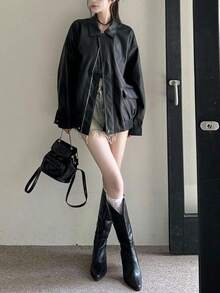 Chaqueta para mujer Chaqueta retro de cuero marrón para mujer - Estilo corto para primavera/otoño Chaqueta de cuero holgada estilo coreano para mujeres bajitas Chaqueta motera elegante con cremallera, cuello vuelto, botones y bolsillos Chaqueta de cuero informal y desenfadada de corte holgado - Negro - Ver 10