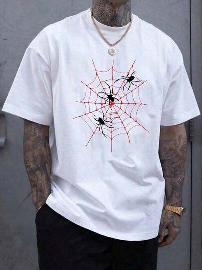 Camiseta blanca de algodón para hombre con estampado de araña y tela de araña roja, estilo hipster,  suave y cómoda, para el verano, moda urb