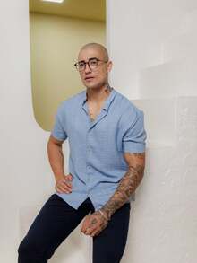 Men's Short-Sleeve Shirt With Mandarin Collar And Linen-Look - Assorted Colors - Comfortable - Xanh nhạt - Xem 5