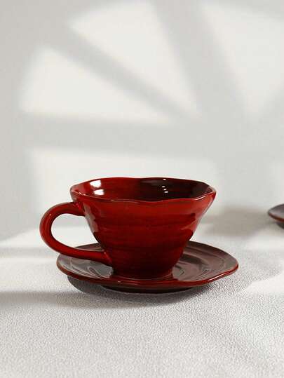 1pc Handmade Reddish Glaze Coffee Cup & Saucer, Breakfast Milk Cup, Swirl Mushroom Bowl, Suitable For Home, Restaurant, Cafe, High-End