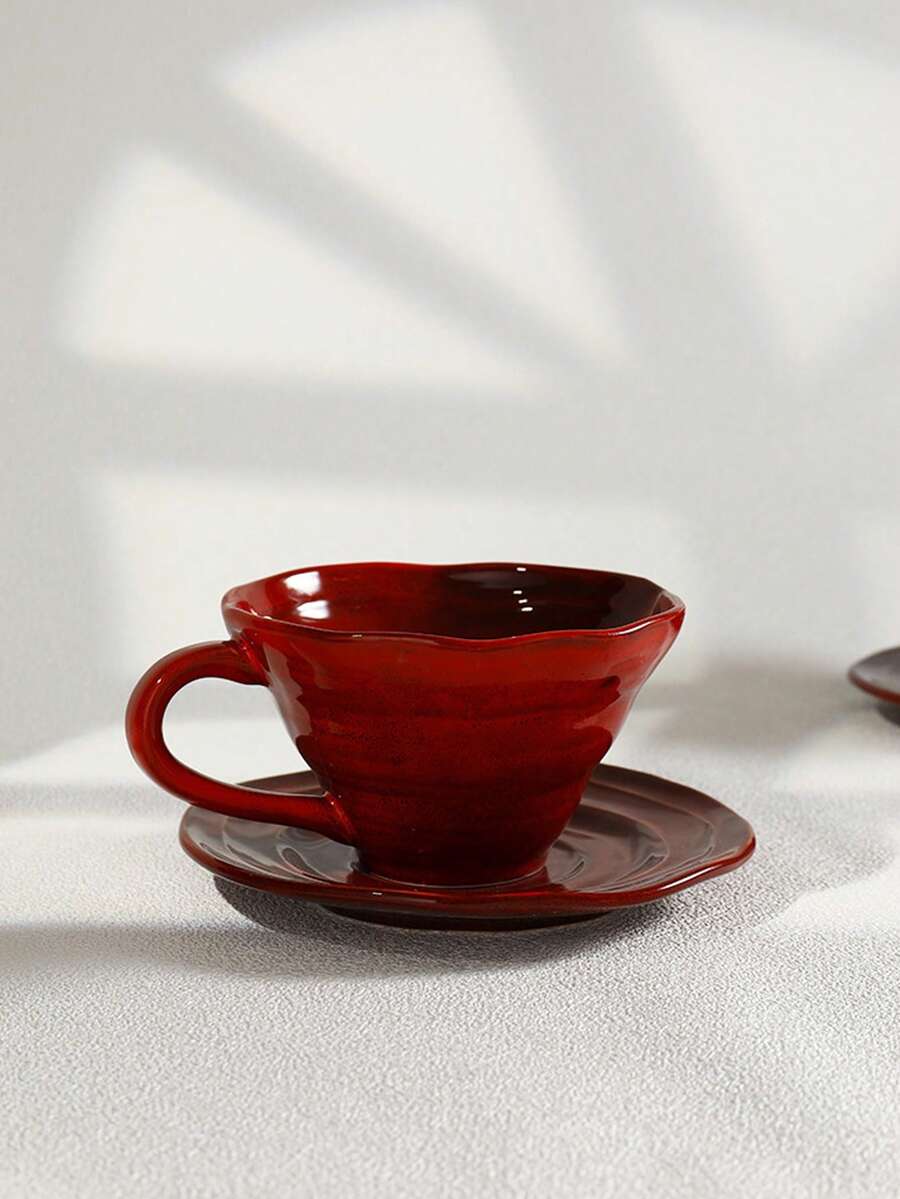 1pc Handmade Reddish Glaze Coffee Cup & Saucer, Breakfast Milk Cup, Swirl Mushroom Bowl, Suitable For Home, Restaurant, Cafe, High-End - Multicolor - View 1
