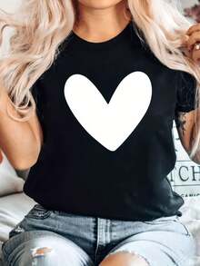 Camiseta de algodón puro de gran peso con patrón de letras en forma de corazón grande para el hogar, ocio, moda, versátil, para ir al trabajo, deportes, versátil y cómoda - Negro - Ver 2