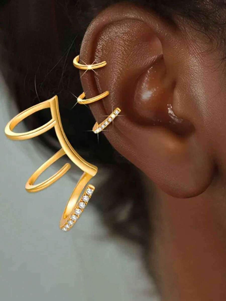 1 chiếc/bộ Khuyên tai kẹp vành tai không cần xỏ lỗ, đính đá Cubic Zirconia, món quà trang sức tinh tế dành cho phụ nữ. - Vàng - Xem 1
