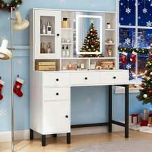 Dressing Table Set W/LED Mirror And 5 Drawers, 14 Shelves, Vanity Make Up Desk - White - View 1