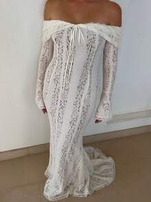 فستان أنيق عتيق رومانسي وجذاب، فستان مرصع بالدانتيل عالي الجودة بأكتاف مكشوفة وأكمام واسعة مفلفلة وقصة مرمر، مناسب للمناسبات الرسمية والحفلات والزفاف