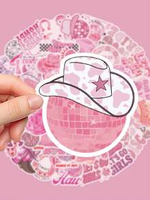 50pcs Pink Disco Cowgirl Stickers Vinyl Decorated With Unique Cowboy Shape Suitable For Water Bottles Headphones Office Supplies & Accessories Bookshelves Table Decorations Disposable Suitable For Party Giveaways And Gifts - Multicolor - View 6