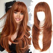 Ginger Wig With Bangs For Women, 26 Inch Long Straight Layered Synthetic Wig, 4x4 Realistic Scalp Free Part, Natural Looking Heat Resistant Hair Wig, Soft Lightweight Full Wig For Daily Wear, Party, Cosplay, Halloween