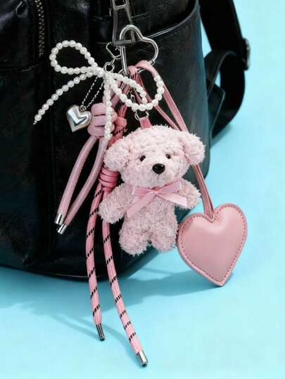 New Cute Bear Silver Bead Bow Bag Charm Keychain Lovely Heart-Shaped Leather Accessory For Backpack Keychain Accessories