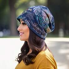 Vintage Style Floor Hat, Bohemian Floral Design, Perfect For Keeping Warm In Autumn And Winter.Lightweight And Suitable As A Chemotherapy Cap For Women. - Hoa màu xanh hải quân - Xem 8