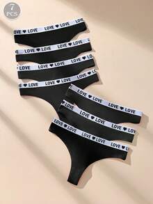 7 件装黑色低腰无缝性感女式丁字裤带字母松紧带，柔软舒适棉质运动短裤内裤 - 黑色 - 查看 4