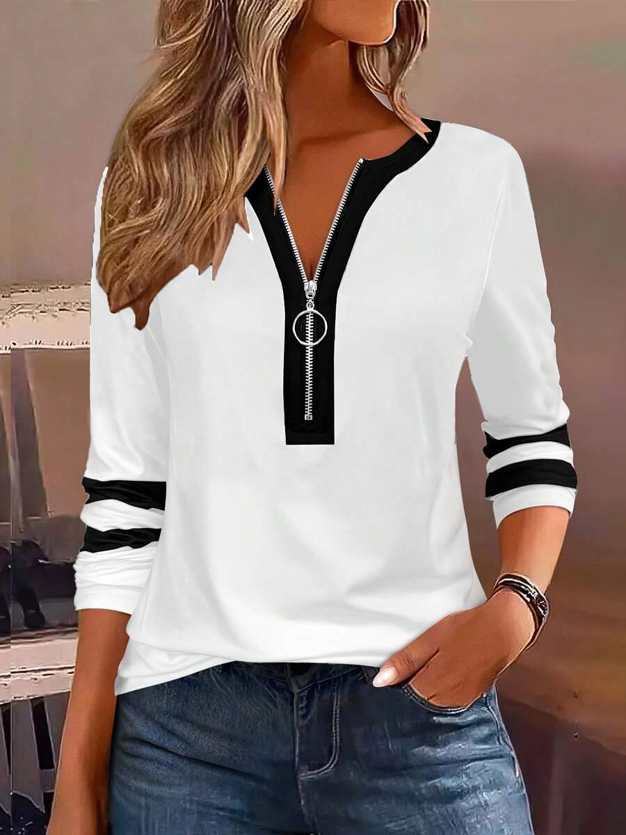 [Elegant Tee] Stylish Black And White Long Sleeve-Shirt |   Women's Color Block Tee With Zipper Detail - Casual Yet Elegant, Spring And Fall - 白色 - 查看 1