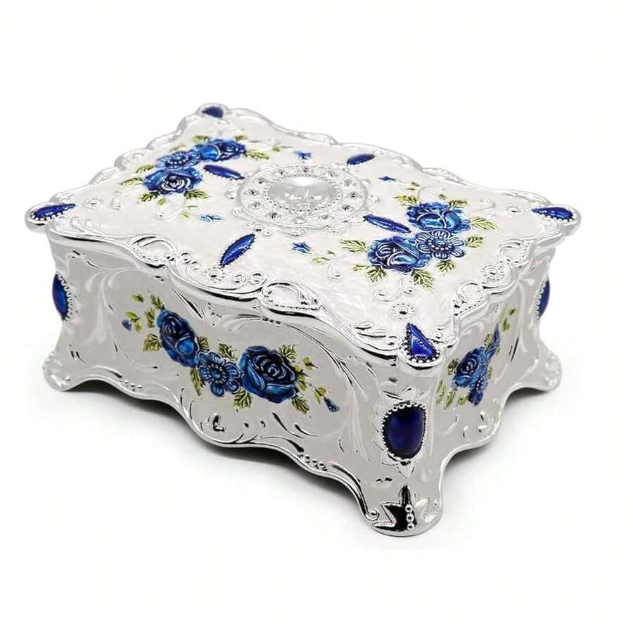 Hipiwe Vintage Trinket Box Metal Jewelry Box Wedding Ring Box Keepsake Box Treasure Box Chest Ornate Antique Finish Engraved Box Case Small,Small,Silverywhite - 銀白色 - 查看 1