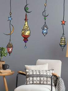 Ramadan And Eid Mubarak Wall Stickers - Islamic Crescent Moon, Stars, Lanterns And Calligraphy Self-Adhesive Removable Decorative Stickers For Home Decor - Soft Colors, Asymmetrical Shapes, Easy To Peel And Stick On Walls, Plastic, Glass Surfaces - Ramadan Holiday Celebration Decor - Multicolor - View 3