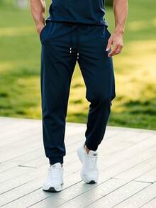 Men's Tactel Elastane Training Pants For Gym, Elastic Waistband, Drawstring And Functional Pocket, Summer, All, Regular Fit, Drawstring, Pocket - Navy Blue - View 1