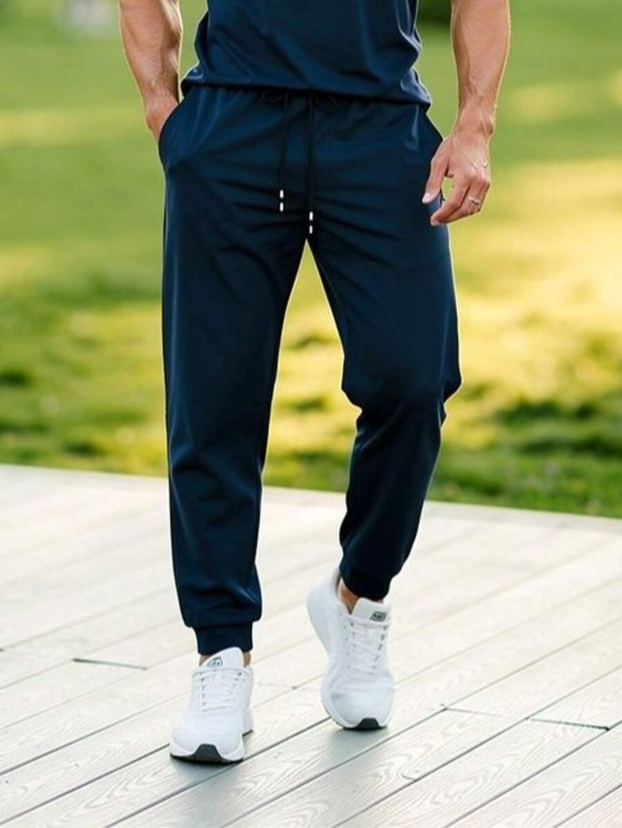 Men's Tactel Elastane Training Pants For Gym, Elastic Waistband, Drawstring And Functional Pocket, Summer, All, Regular Fit, Drawstring, Pocket - Navy Blue - View 1