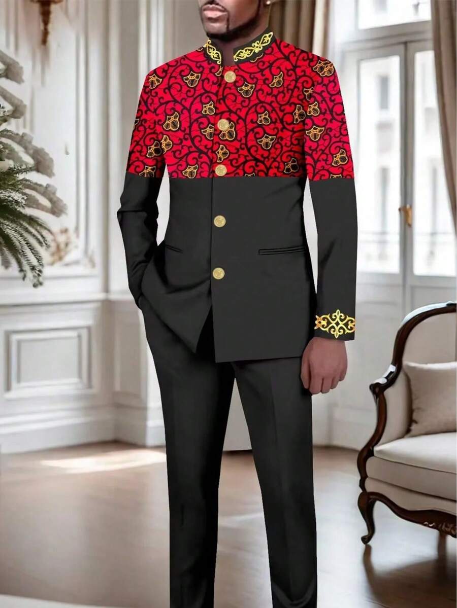 Men's Casual Long-Sleeved Two-Piece Suit, Mid-Length Top And Trousers - 紅色 - 查看 1