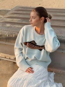 Women's Color-Block Pullover Sweater, A Long-Sleeved, Loose-Fitting, Round-Neck Style That Is Fashionable And Versatile. This Cute, Comfortable Sweater Is A Bestseller, Ideal For Festivals, Vacations, Street Outings, Going Out, Back-To-School Season, And Seaside Occasions.