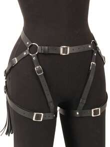 1件性感PU皮革束缚带，哥特风格，带扣腰带，包含吊袜带和大腿绑带，适合日常穿着，也可作为圣诞节、情人节、音乐节等节日送给女友的礼物。 - 黑色 - 查看 3