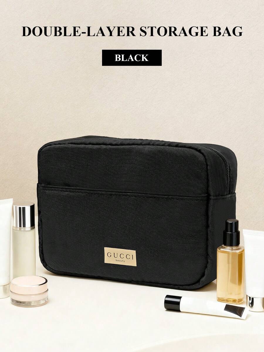Gucci Materiel Beauty Black Textured Fabric Dome Makeup Pouch, Zippered Cosmetic Bag With Chain Pull & Burgundy Lining, Interior Organizer Pocket - Black - View 1