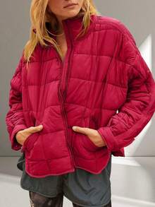 Womens Fashion Short Oversized Puffer Jacket Lightweight Water Resistant Packable Winter Coat - 紅色 - 查看 1