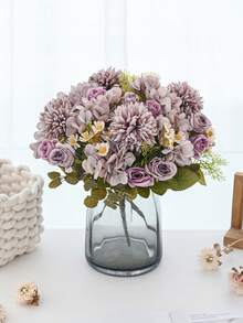 1/3pcs 11.22 Inch Artificial Hydrangea, Rose, Daisy, Ball Mum Mixed Flower Arrangement, Suitable For New Year Party, Wedding, Birthday Anniversary, Fireplace And Dining Table Decor, Garden Gate Indoor Outdoor Home Decor, Llama Decor, Thanksgiving Decor, DIY Wreath, Gift, Table Centerpiece, Etc. - Purple - View 4