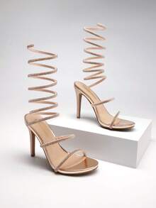 Sandalias de tacón alto con puntera abierta y decoración de strass, tacones altos de fiesta con espiral envolvente cómodos para fiestas, bodas y bailes - Champán - Ver 1