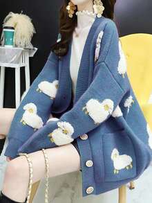 Cardigans oversize para mujer: suéter de punto grueso de estilo coreano para combinar con otras prendas, corte holgado, chaqueta cardigan de corte relajado. - Azul - Ver 2