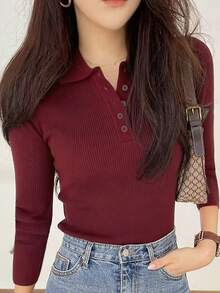 New Women's Ribbed Polo Knit Sweater, Slim Fit, Versatile For Commuting, Autumn/Winter - Burgundy - View 3