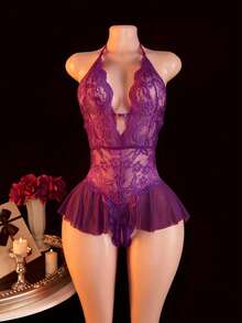 1pc Women's Sexy Lingerie, Purple Lace Mesh See-Through Crotchless Bodysuit