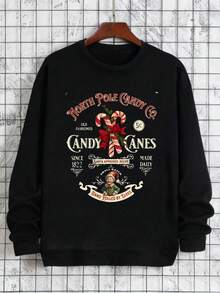 Sudadera de manga larga para caballero - Sudadera para hombre, temática navideña de bastón de caramelo de Arctic Candy Company, cuello redondo, manga larga, informal y versátil, ideal para fiestas, celebraciones, estilo urbano, regalo para hombre. - Negro - Ver 1