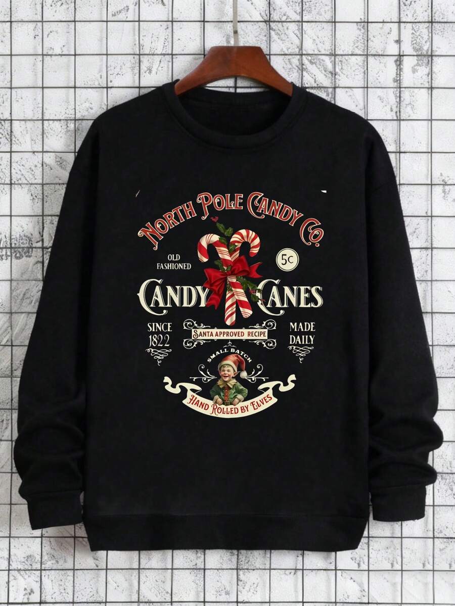 Sudadera de manga larga para caballero - Sudadera para hombre, temática navideña de bastón de caramelo de Arctic Candy Company, cuello redondo, manga larga, informal y versátil, ideal para fiestas, celebraciones, estilo urbano, regalo para hombre. - Negro - Ver 1