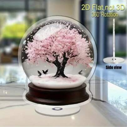 2D平面旋转雪球樱花树摆件 - 旋转冬季场景桌面装饰，亮面亚克力圆顶和稳固底座，适合家居/办公室/圣诞装饰 - 室内/室外均可使用，2D平面设计，可旋转，耐用亚克力结构，适用于各种房间类型。
