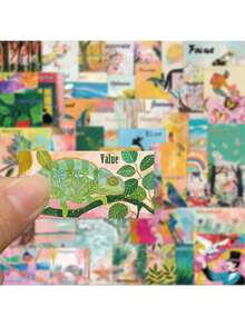 50张创意水彩艺术海报贴纸，透明防水，可用于装饰手机壳、笔记本电脑、吉他、杯子、文具盒等，DIY贴纸，剪贴簿用品 - 彩色 - 查看 6