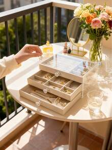 1pc Acrylic Jewelry Box, Large Capacity Jewelry Storage Box, Drawer Style Jewelry Display Case With Adjustable Velvet Tray, Suitable For Earrings, Rings, Bracelets, Necklaces, Ideal For Birthday, Anniversary, Valentine's Day Gift - Beige - View 3