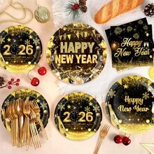 10/20/80pcs Happy New Year Paper Plates, Cups And Napkins - Disposable Paper Party Supplies Set For 20 Guests, Gold Color For 2026 New Year Eve Party - Multicolor - View 5