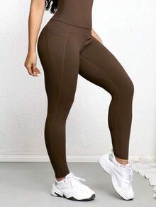 女士纯色高腰打底裤，带口袋，柔软户外运动紧身裤，弹力腰带显瘦瑜伽跑步户外裤 - 咖啡棕 - 查看 4