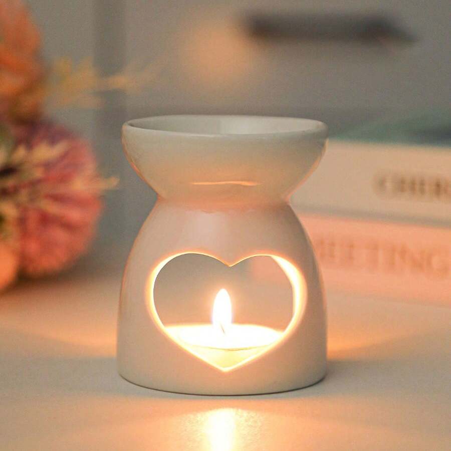 2.7" X 3.4" Delicate Mini Ceramic Hollow Floral, Heart, Moon & Star Shaped Aromatherapy Candle Holder, Fragrance Oil Diffuser Burner, Suitable For Home, Valentine's Day, Party, Halloween, Holiday, Autumn, Winter, Decoration, Gift - White - View 1