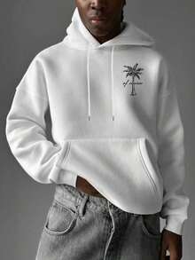 Men's Casual Comfortable Hooded Sweatshirt, Apricot Color With Creative Simple Palm Tree Print, Autumn/Winter Long - White - View 6