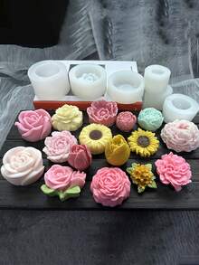 一套硅胶花束蜡烛模具，蜡烛装饰香氛硅胶模具，包含牡丹、玫瑰、心形花和玫瑰花蕾 | DIY树脂、蜡烛和肥皂模具，柔韧可重复使用，适用于手工家居装饰、婚礼工艺品和节日礼物（情人节、母亲节、生日） - 彩色 - 查看 8